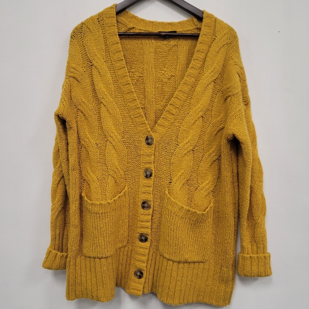 J Crew‎ Womens Chunky Cable Knit Oversized Cardigan Size S Mustard Long Alpaca